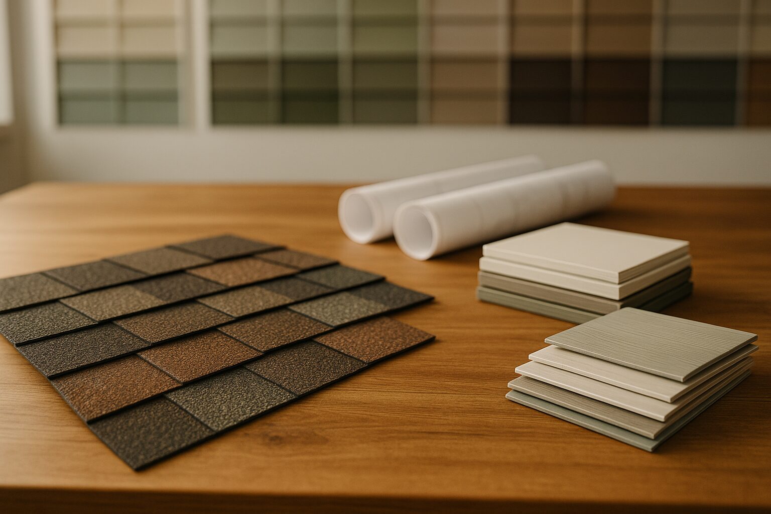 Roofing shingle samples and siding panel samples laid out on a design studio table