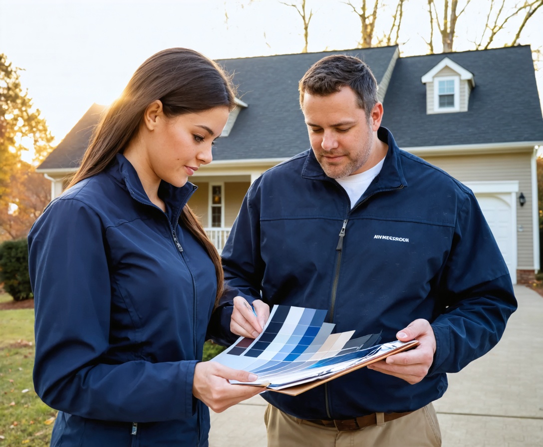 Homeowner reviewing roof and siding samples